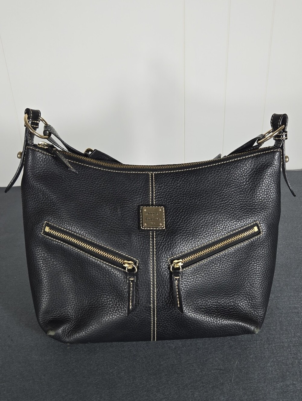Dooney & Bourke Black Pebbled Leather Hobo with Gold Hardware Travel Plane